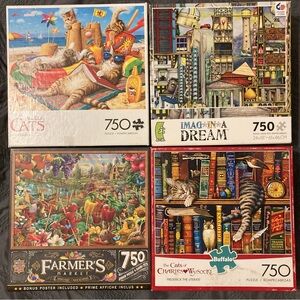 4 Puzzles BUNDLE 750 Piece Jigsaw Puzzle Famer’s Maket Cat Bookshelf Beach